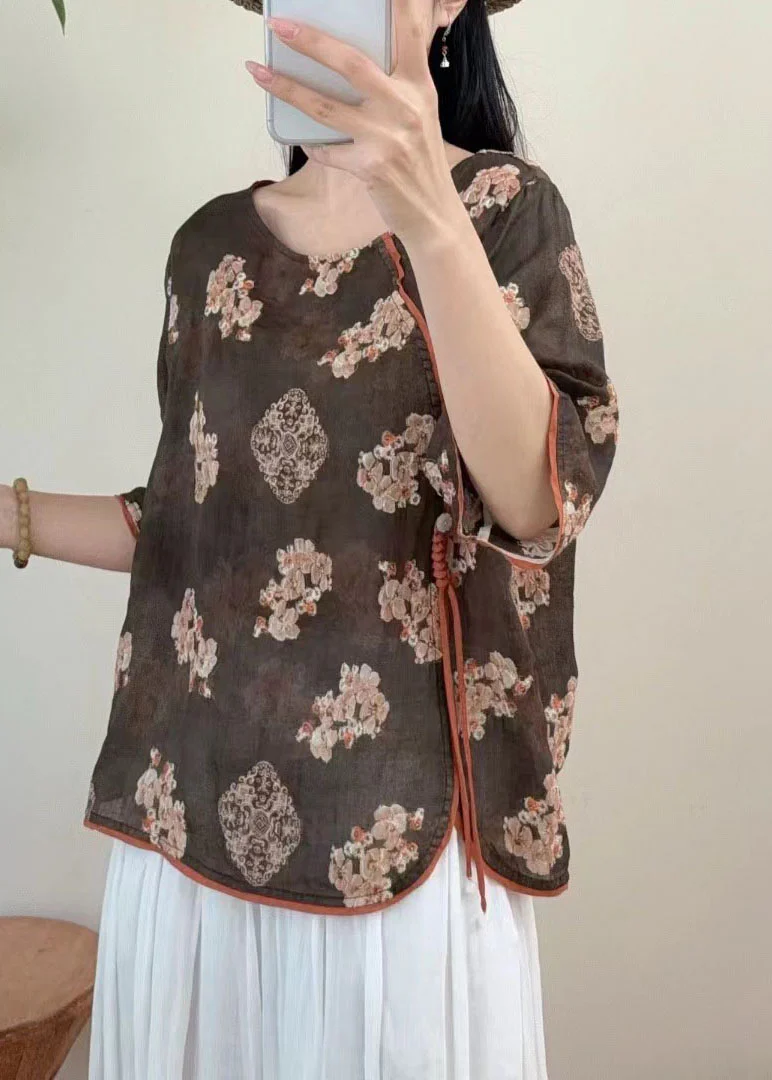 Vintage Red O Neck Embroidered Linen Blouse Tops Summer - Image 4