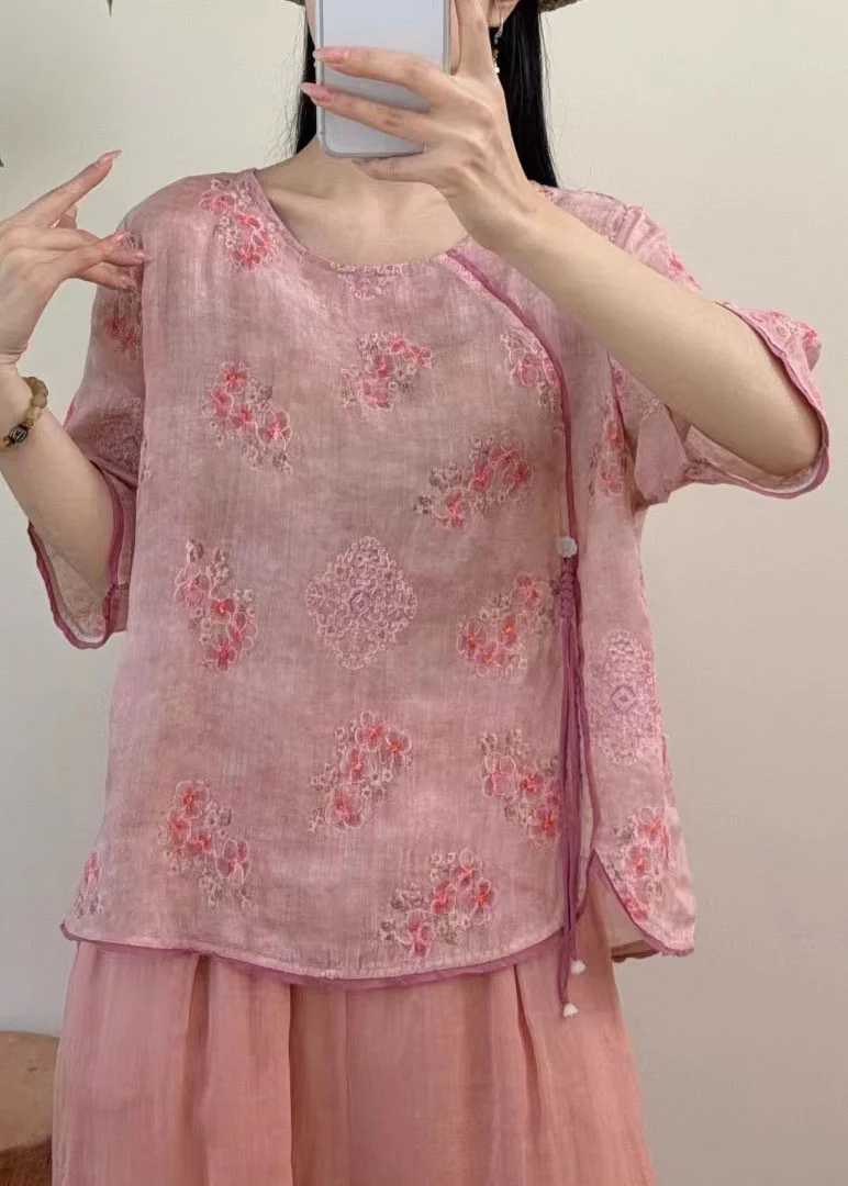 Vintage Red O Neck Embroidered Linen Blouse Tops Summer - Image 5