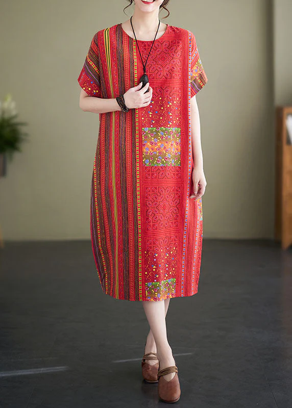 Vintage Red O Neck Print Patchwork Linen Mid Dresses Summer - Image 2