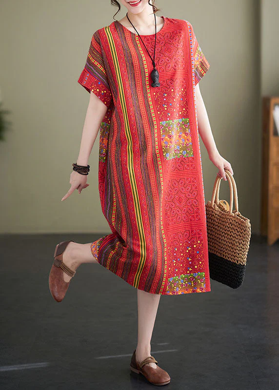 Vintage Red O Neck Print Patchwork Linen Mid Dresses Summer - Image 3
