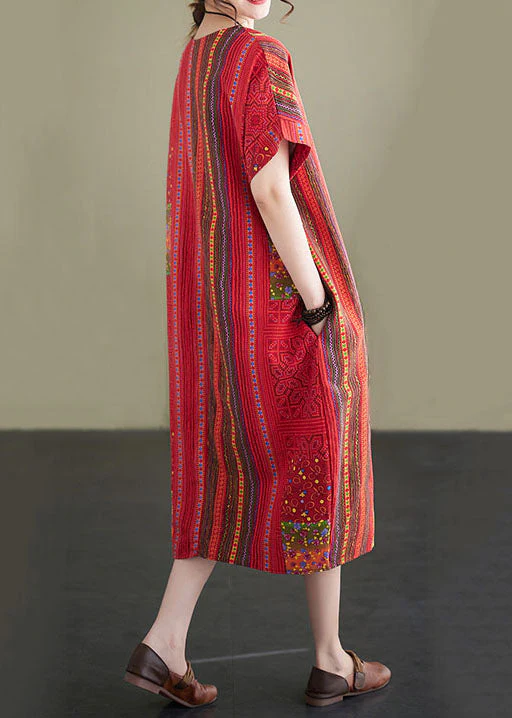 Vintage Red O Neck Print Patchwork Linen Mid Dresses Summer - Image 4