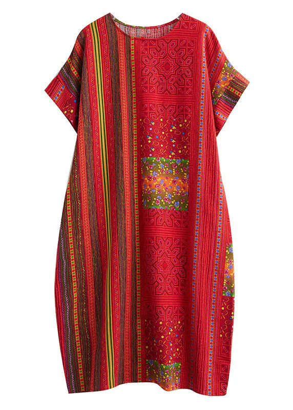 Vintage Red O Neck Print Patchwork Linen Mid Dresses Summer - Image 5