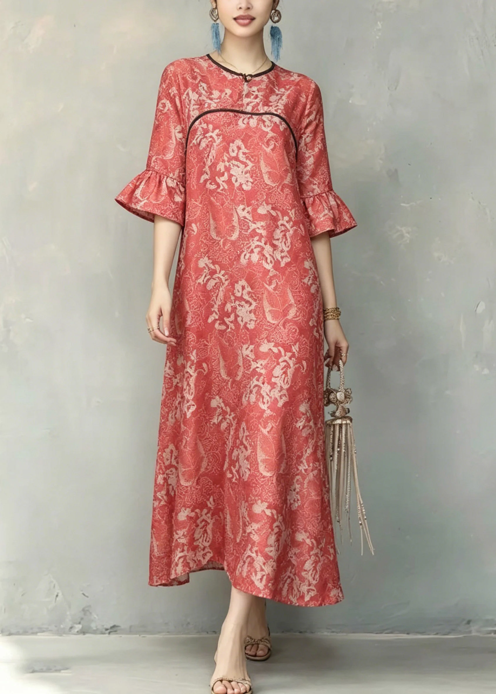 Vintage Red O-Neck Ruffled Patchwork Long Dresses Short Sleeve - Image 3