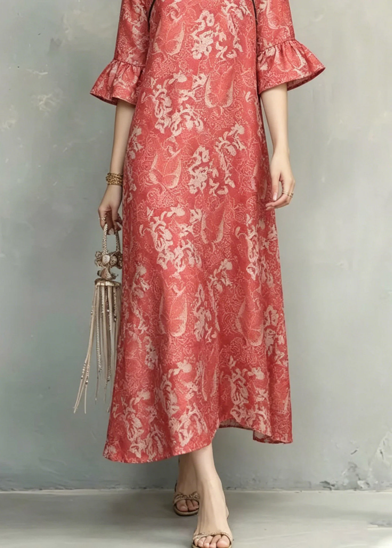 Vintage Red O-Neck Ruffled Patchwork Long Dresses Short Sleeve - Image 4