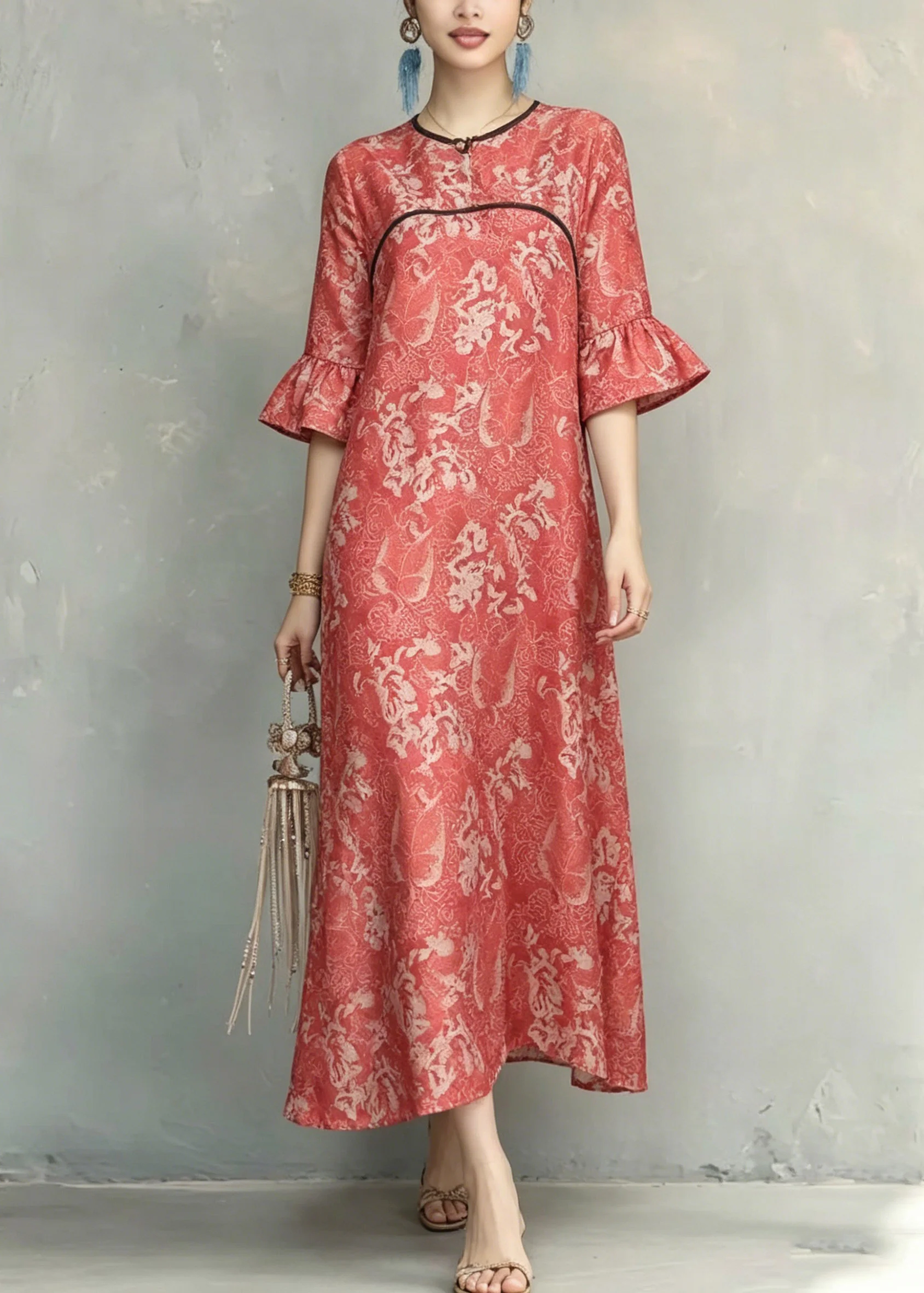 Vintage Red O-Neck Ruffled Patchwork Long Dresses Short Sleeve - Image 5