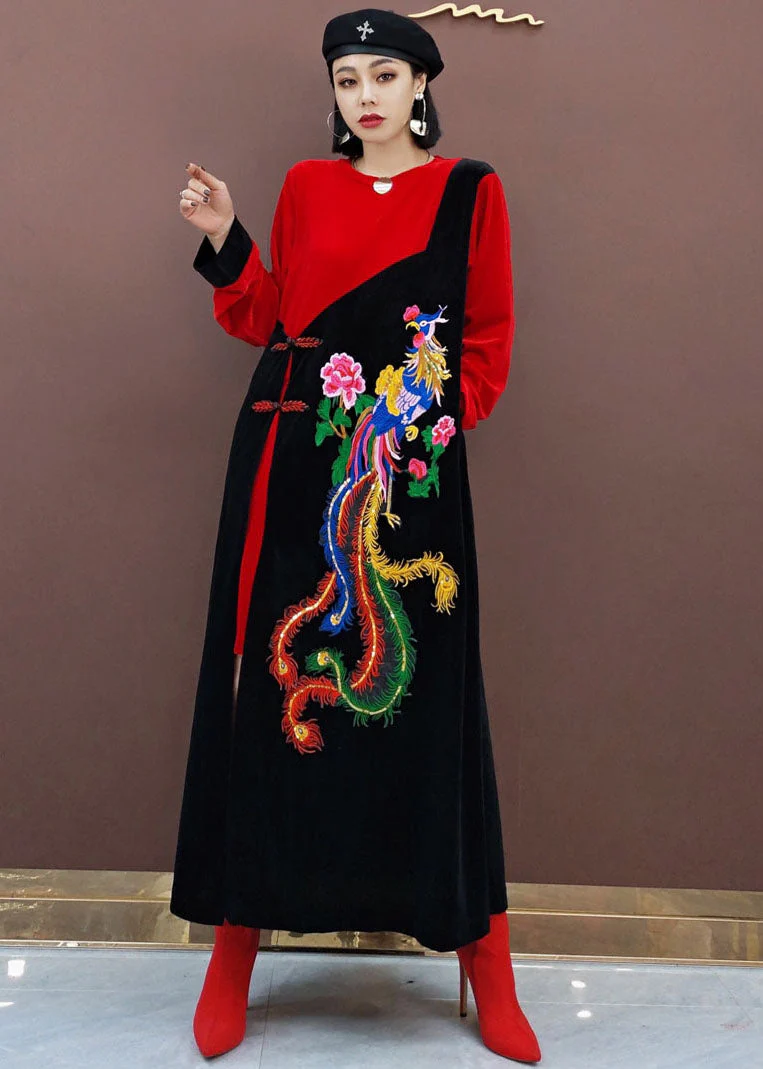 vintage Red Oriental Embroideried Patchwork Velour long Dresses Spring - Image 2