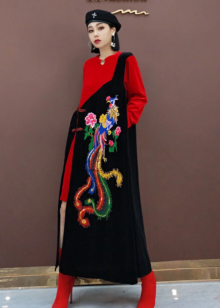 vintage Red Oriental Embroideried Patchwork Velour long Dresses Spring - Image 3