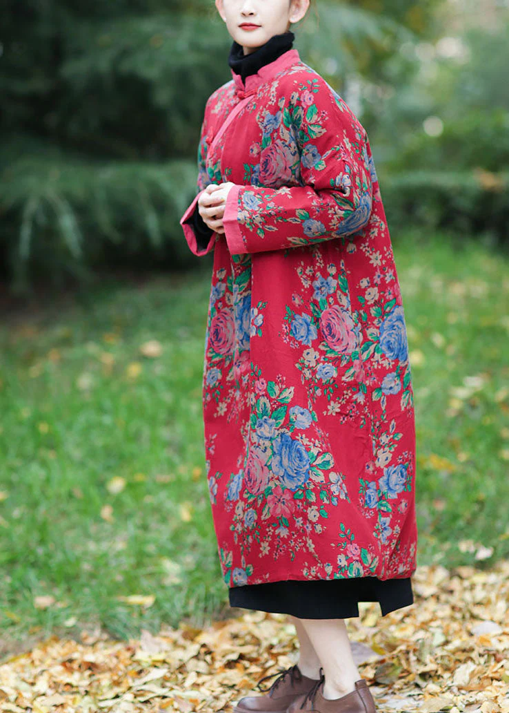 Vintage Red Oversized Print Fine Cotton Filled Maxi Dress Winter - Image 2