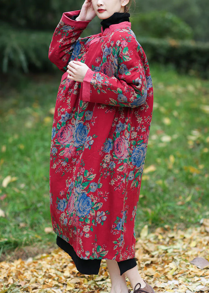 Vintage Red Oversized Print Fine Cotton Filled Maxi Dress Winter - Image 3