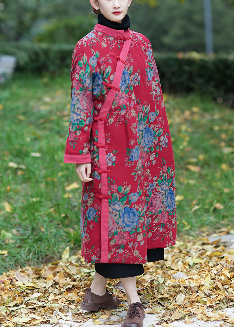 Vintage Red Oversized Print Fine Cotton Filled Maxi Dress Winter - Image 4