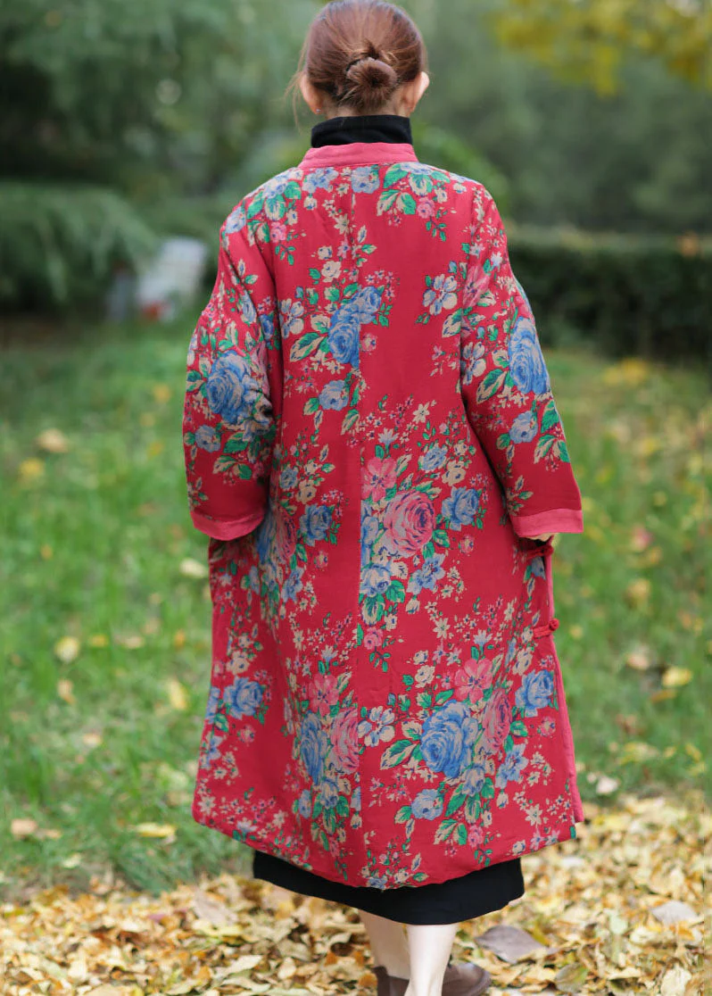 Vintage Red Oversized Print Fine Cotton Filled Maxi Dress Winter - Image 5