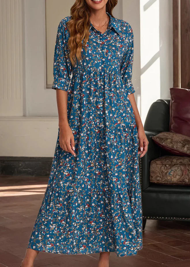 Vintage Red Peter Pan Collar Print Cotton Long Dress Half Sleeve - Image 3