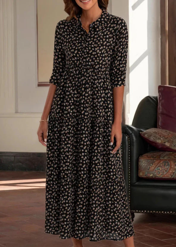 Vintage Red Peter Pan Collar Print Cotton Long Dress Half Sleeve - Image 4