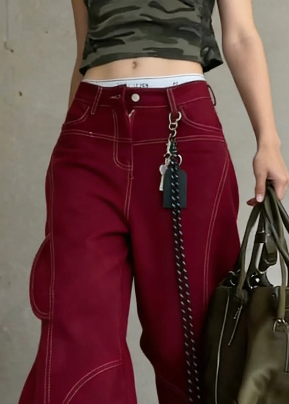 Vintage Red Pockets High Waist Cotton Wide Leg Pants Spring - Image 2