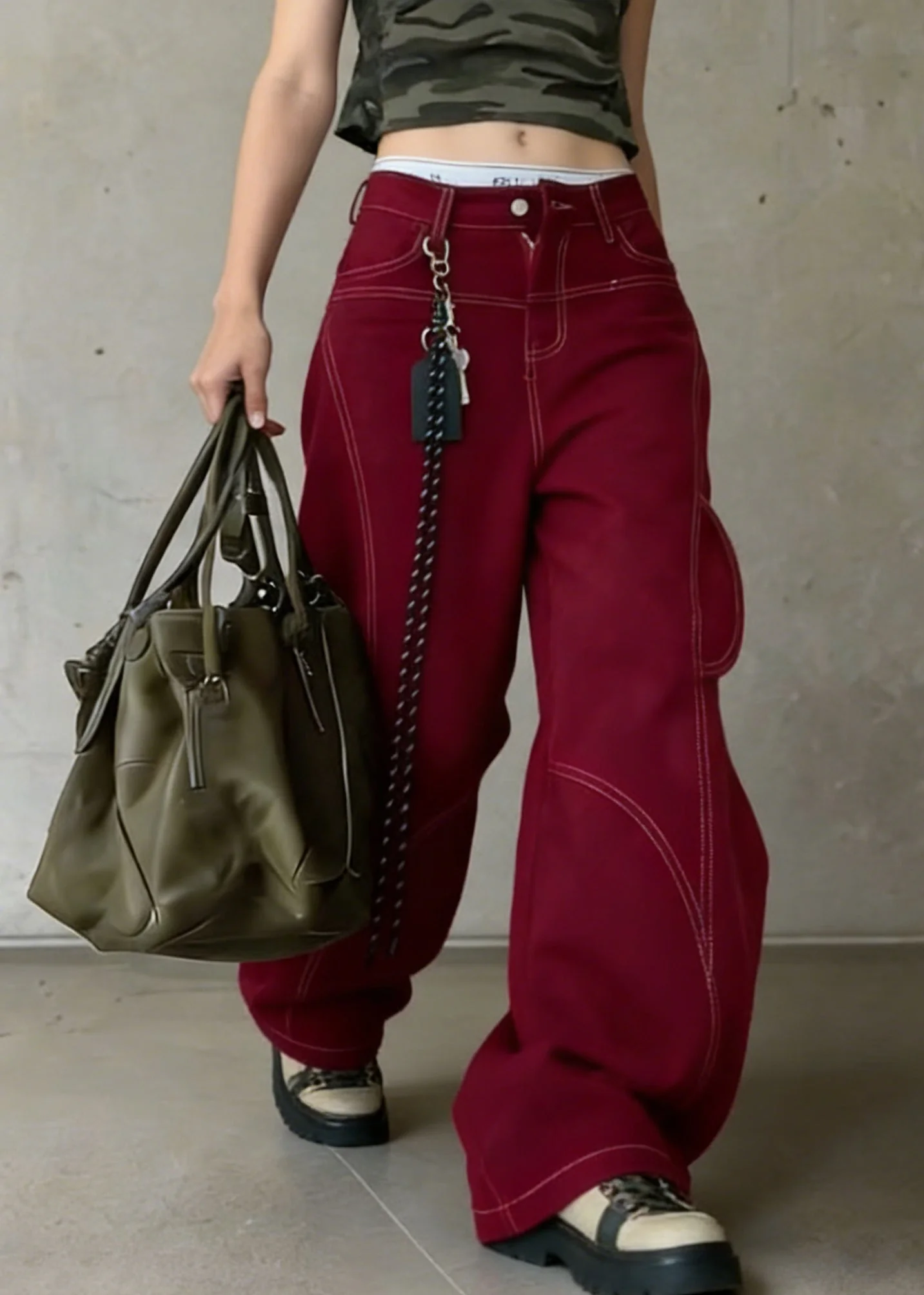 Vintage Red Pockets High Waist Cotton Wide Leg Pants Spring - Image 3