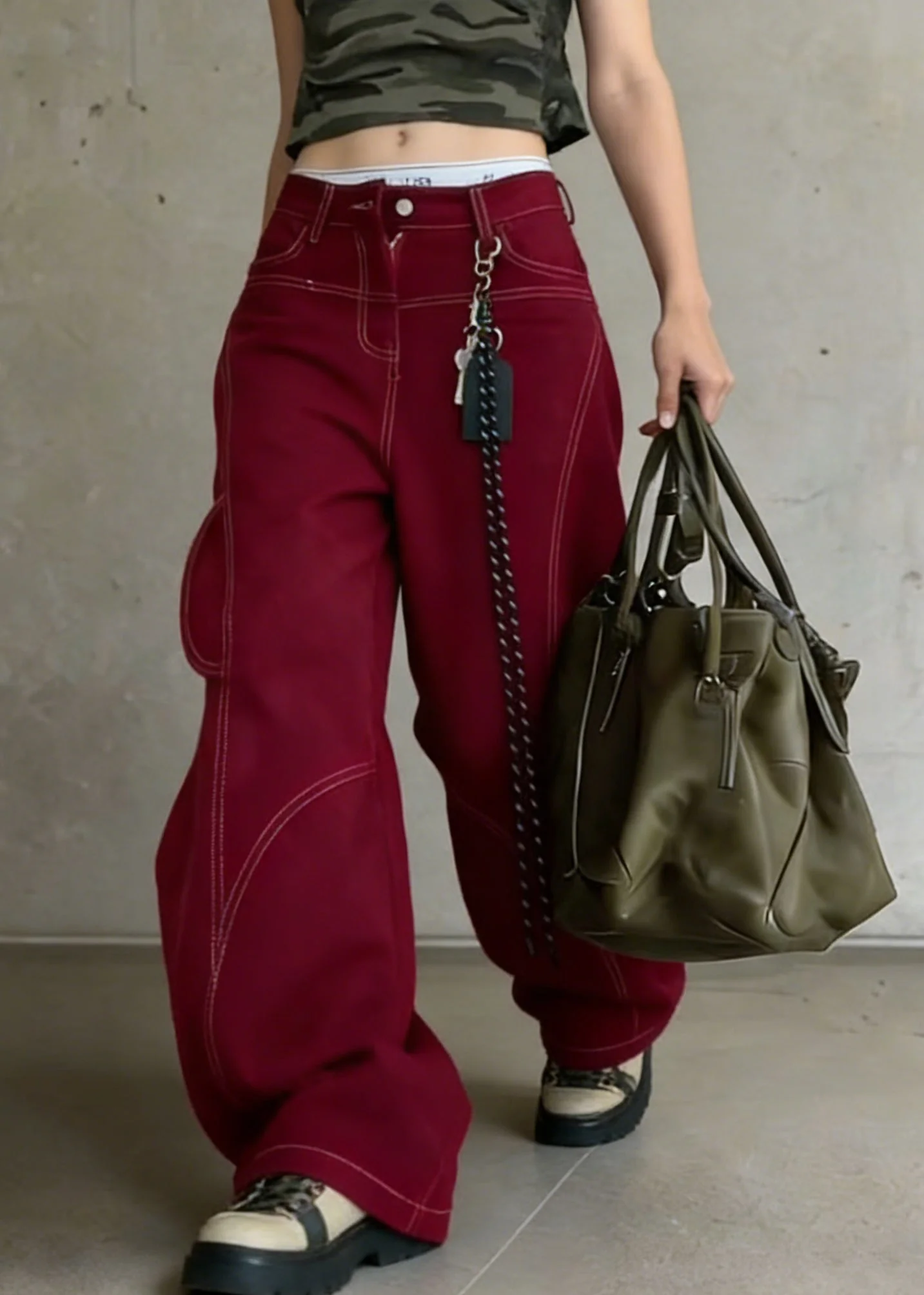Vintage Red Pockets High Waist Cotton Wide Leg Pants Spring - Image 5