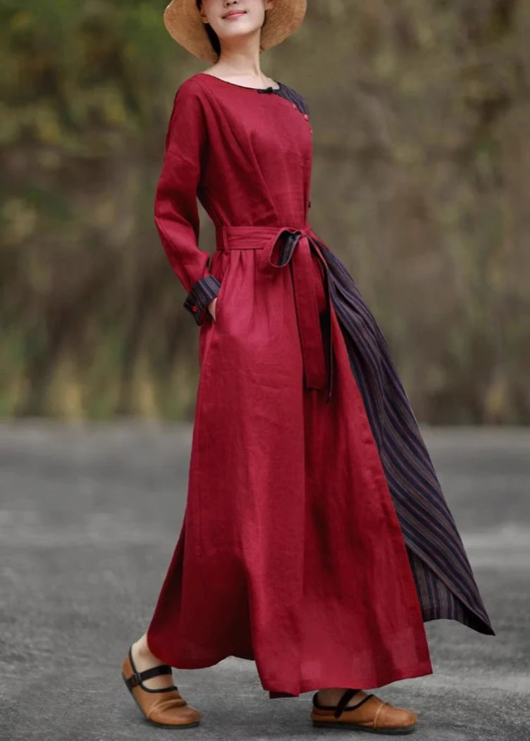 Vintage Red Pockets Tie Waist Patchwork Cotton Long Dresses Spring - Image 3