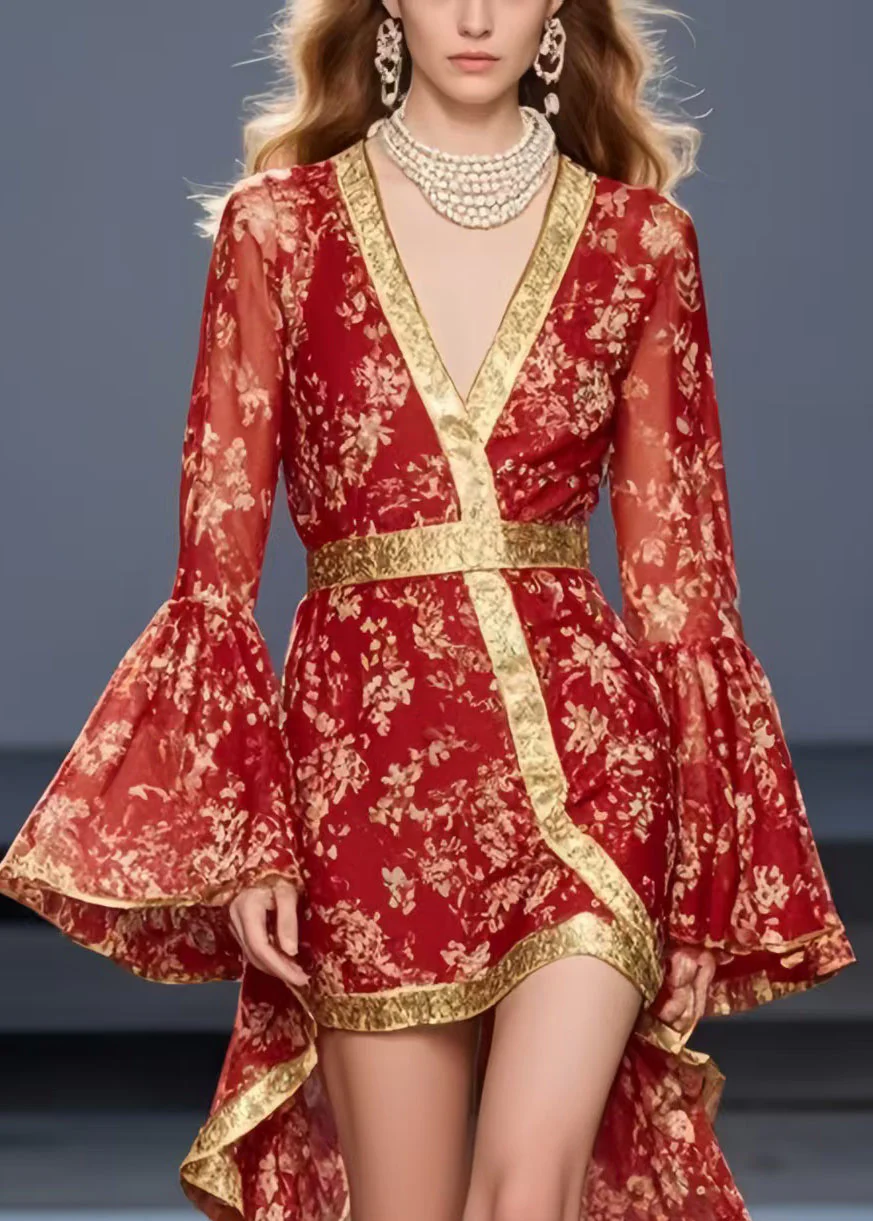 Vintage Red Print Asymmetrical Design Chiffon Mid Dress Flare Sleeve - Image 2