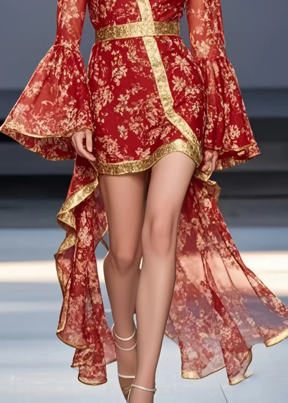 Vintage Red Print Asymmetrical Design Chiffon Mid Dress Flare Sleeve - Image 4