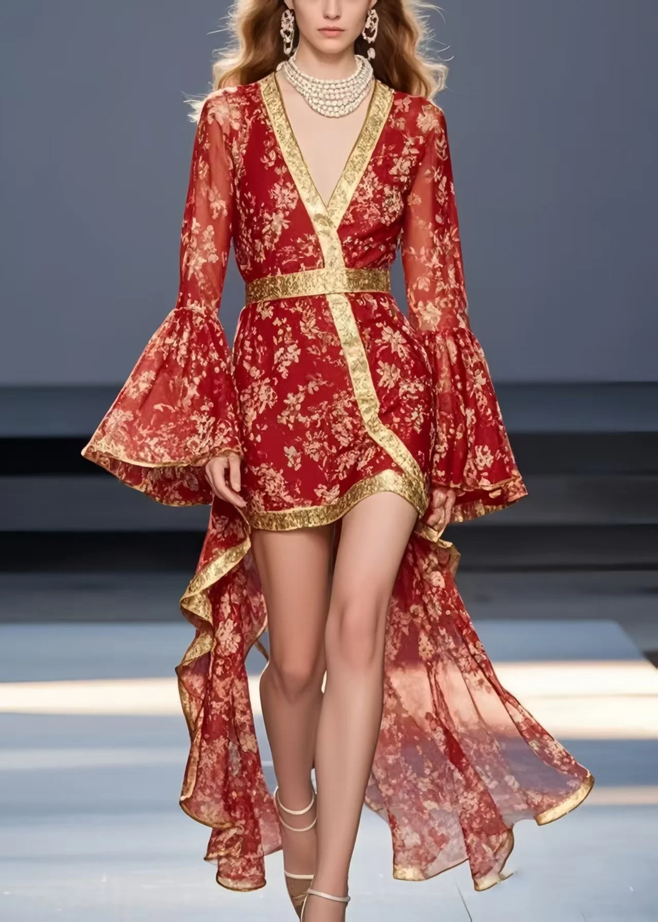 Vintage Red Print Asymmetrical Design Chiffon Mid Dress Flare Sleeve - Image 5