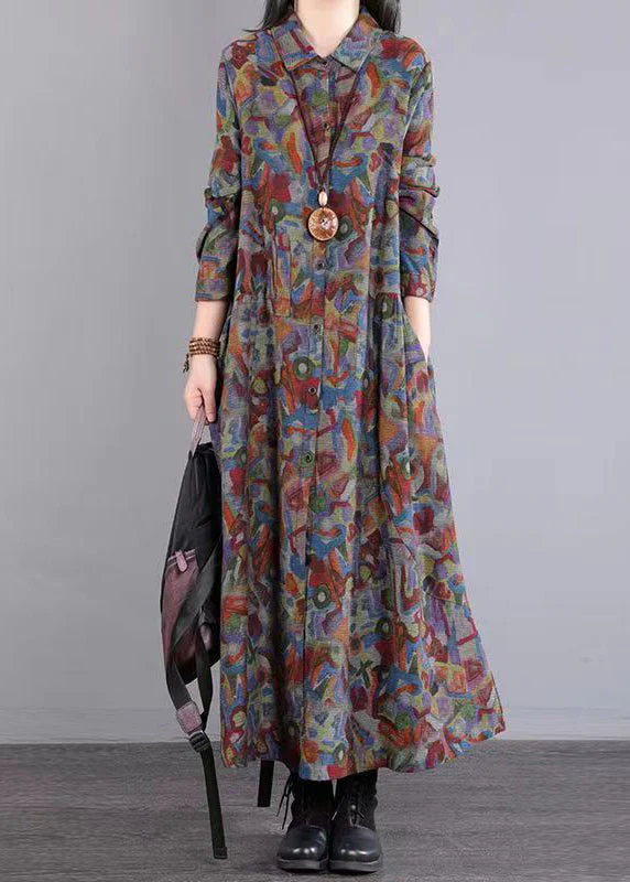 Vintage Red Print Peter Pan Collar Pockets Patchwork Cotton Dresses Fall - Image 2