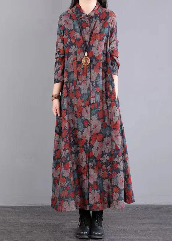 Vintage Red Print Peter Pan Collar Pockets Patchwork Cotton Dresses Fall - Image 3
