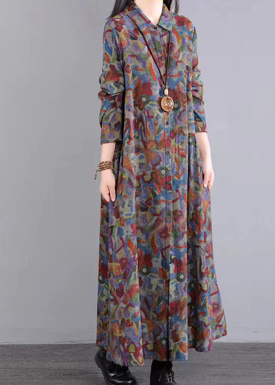 Vintage Red Print Peter Pan Collar Pockets Patchwork Cotton Dresses Fall - Image 4
