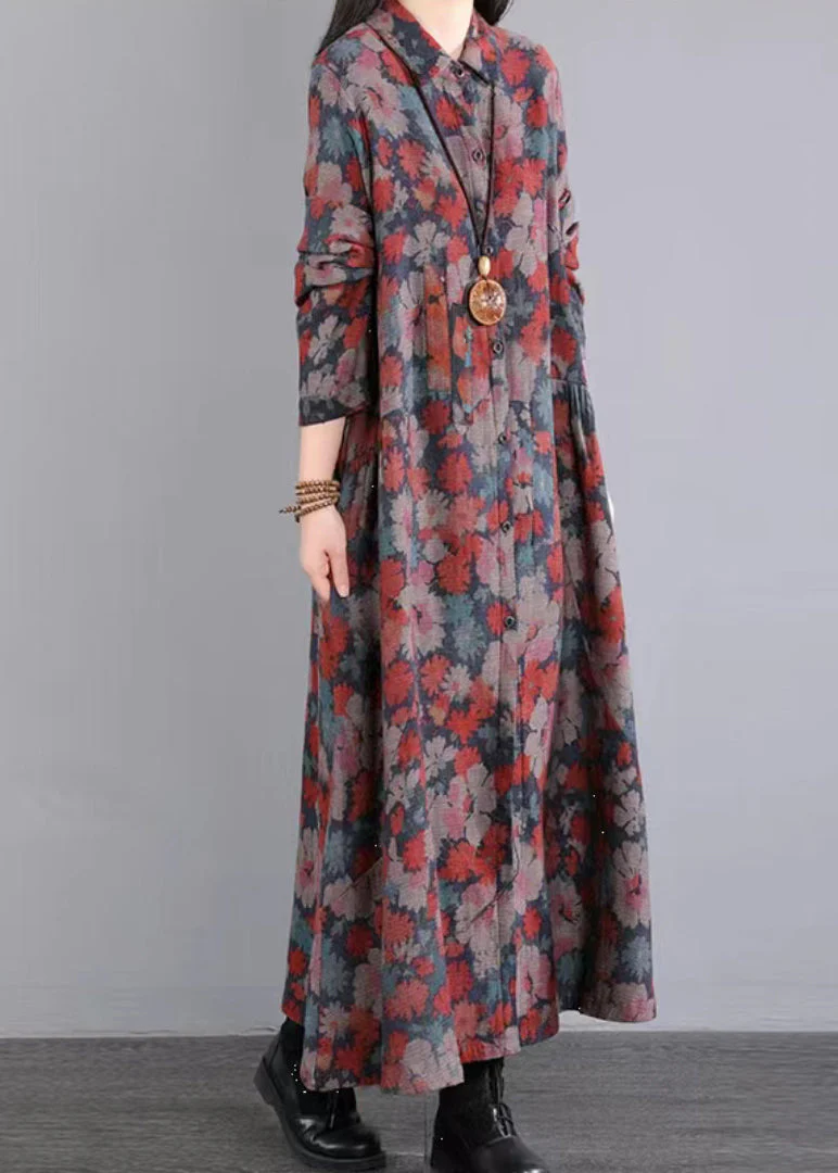 Vintage Red Print Peter Pan Collar Pockets Patchwork Cotton Dresses Fall - Image 5