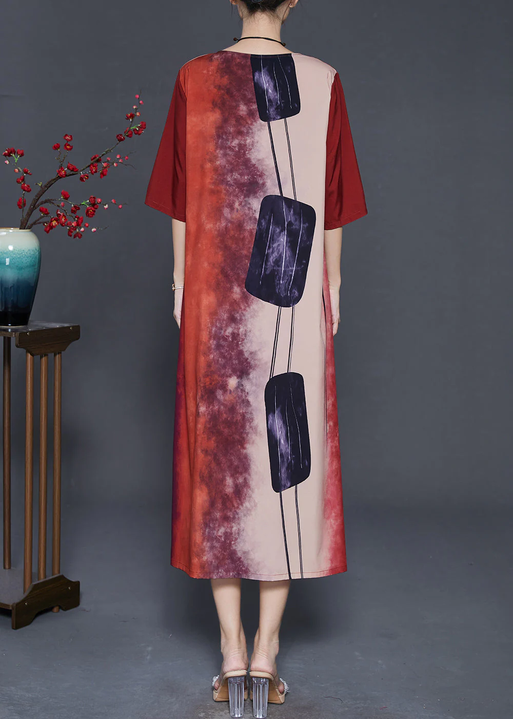 Vintage Red Print Tie Dye Silk Long Dress Summer - Image 4