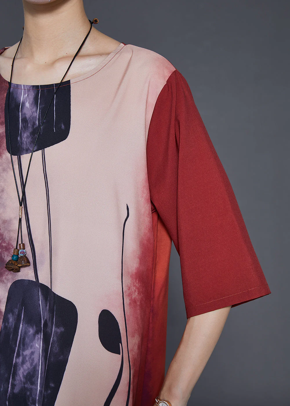 Vintage Red Print Tie Dye Silk Long Dress Summer - Image 5