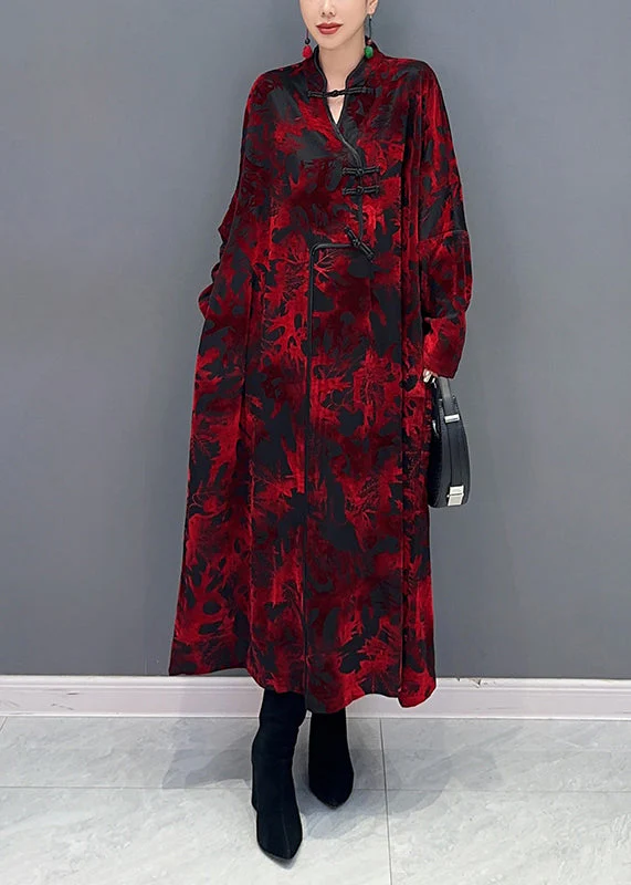 Vintage Red Stand Collar Print Patchwork Loose Velour Dresses Fall - Image 3