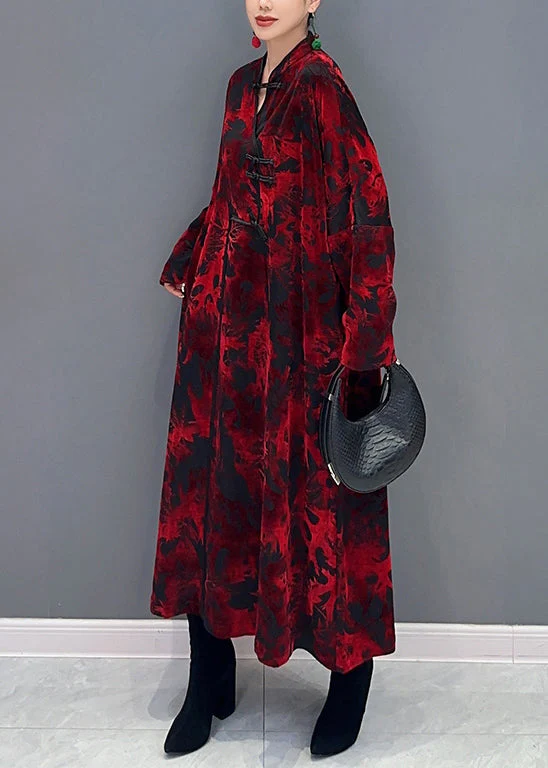 Vintage Red Stand Collar Print Patchwork Loose Velour Dresses Fall - Image 4