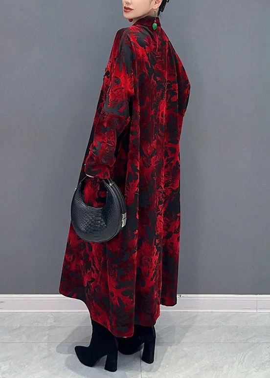 Vintage Red Stand Collar Print Patchwork Loose Velour Dresses Fall - Image 5