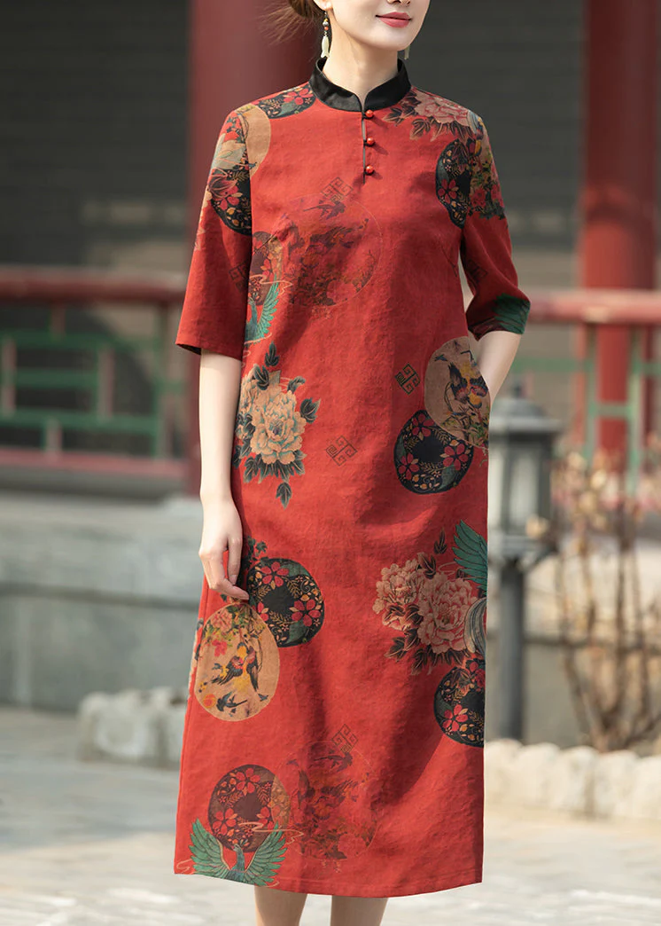 Vintage Red Stand Collar Print Pockets Silk Dresses Summer - Image 2