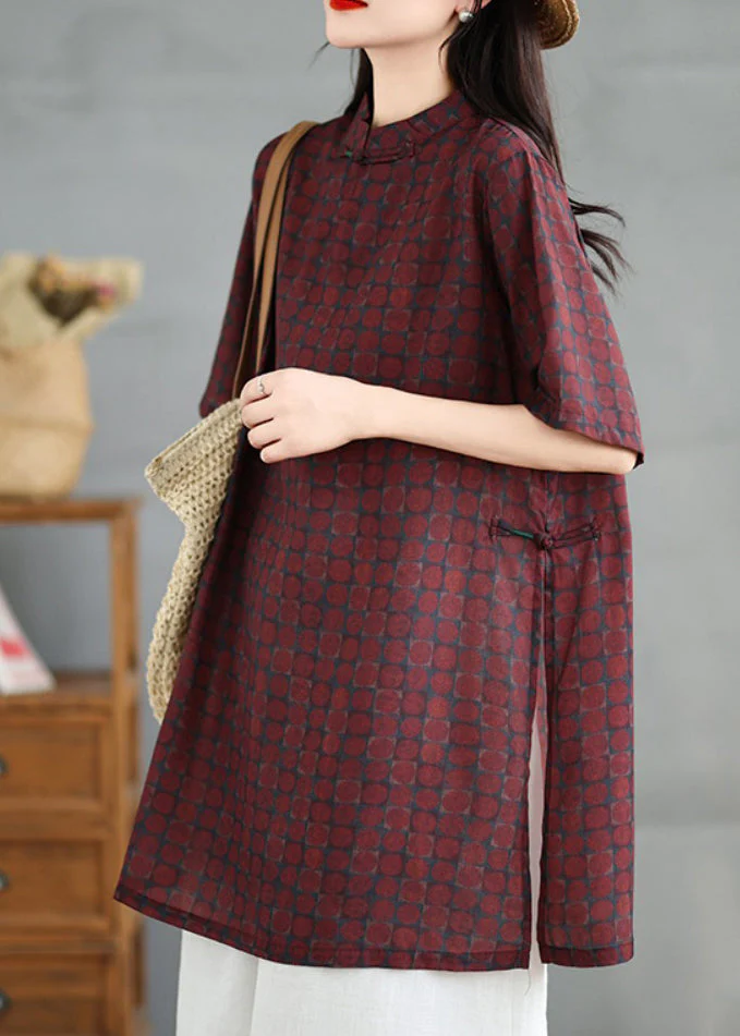 Vintage Red Stand Collar Print Side Open Cotton Dress Summer - Image 3