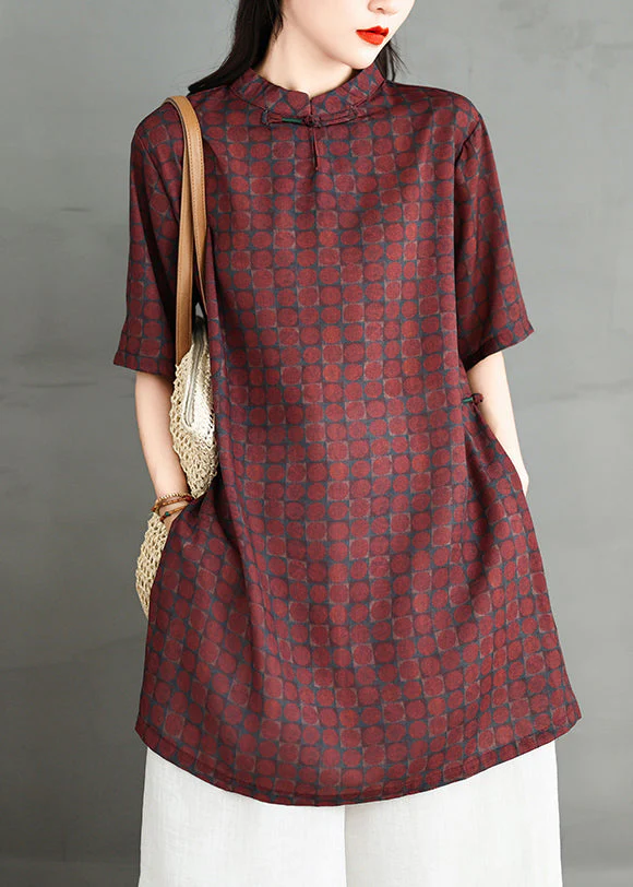 Vintage Red Stand Collar Print Side Open Cotton Dress Summer - Image 4