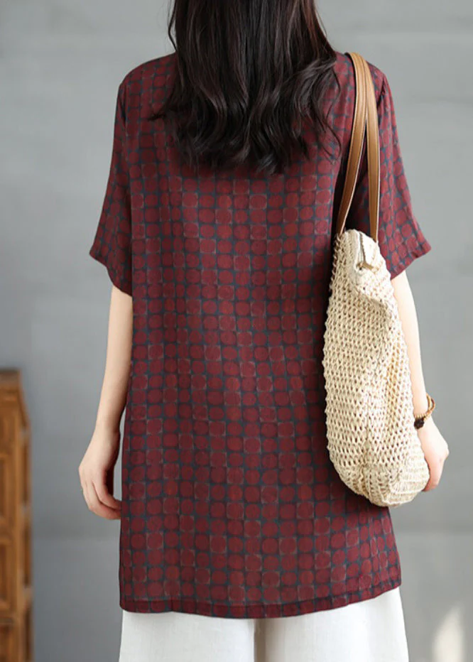 Vintage Red Stand Collar Print Side Open Cotton Dress Summer - Image 5