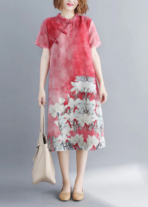 Vintage Red Stand Collar side open Cheongsam Dress Short Sleeve