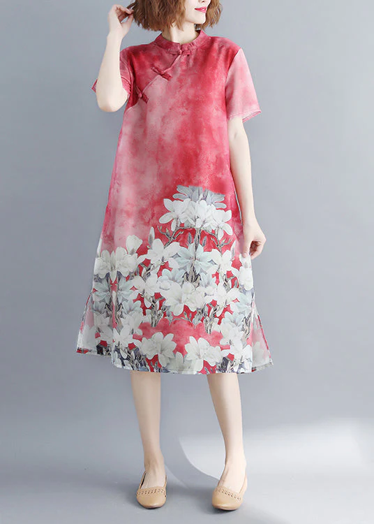 Vintage Red Stand Collar side open Cheongsam Dress Short Sleeve - Image 2