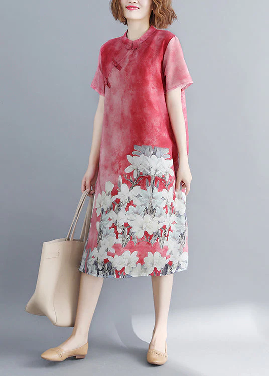 Vintage Red Stand Collar side open Cheongsam Dress Short Sleeve - Image 3