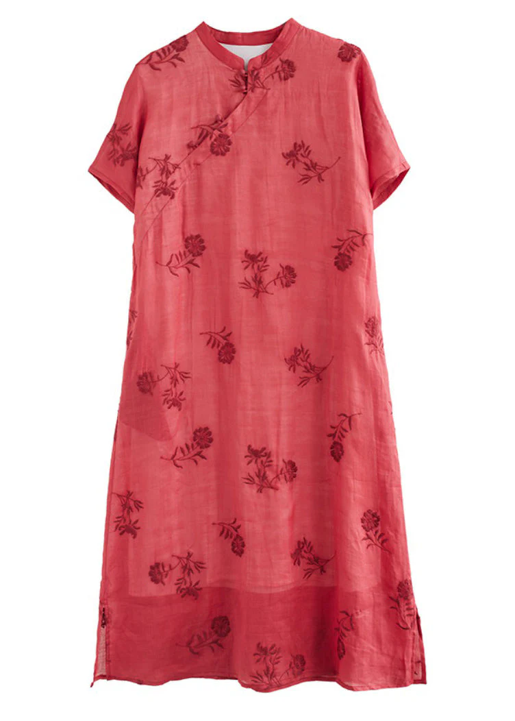 Vintage Red Stand Collar Side Open Layered Maxi Dress Short Sleeve - Image 5