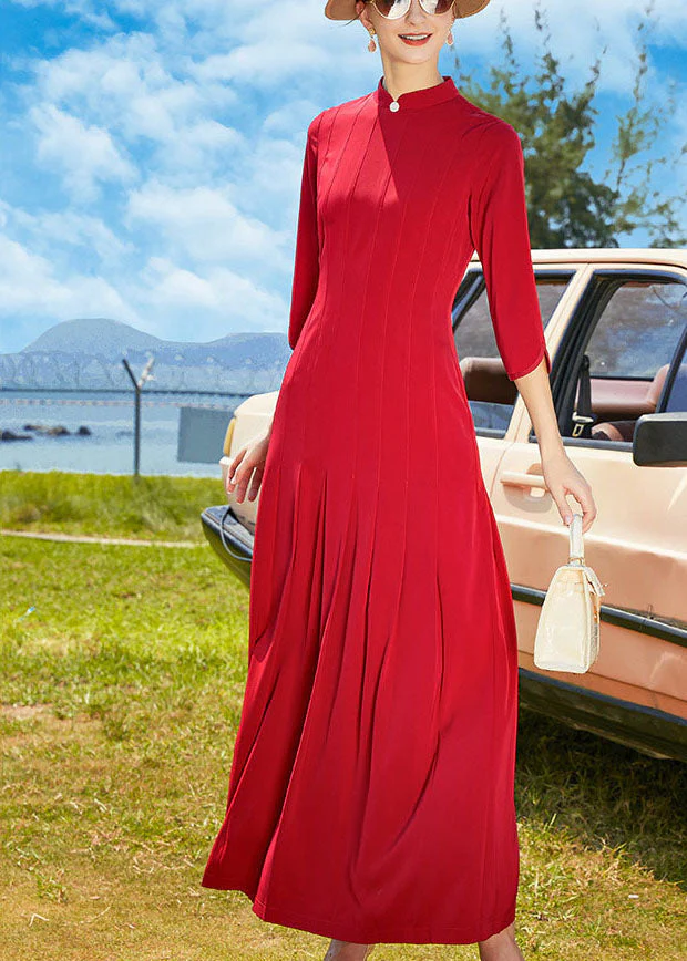 Vintage Red Stand Collar Wrinkled Chiffon Long Dresses Bracelet Sleeve - Image 2