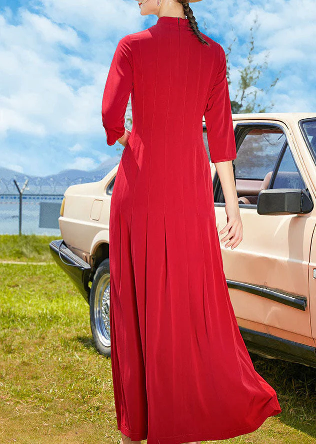 Vintage Red Stand Collar Wrinkled Chiffon Long Dresses Bracelet Sleeve - Image 3