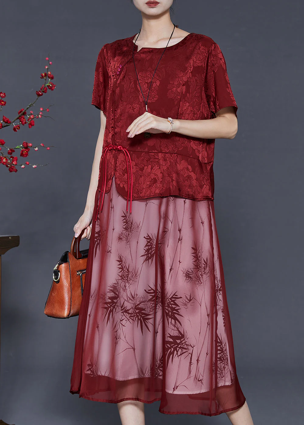 Vintage Red Tasseled Patchwork Jacquard Silk Dress Summer - Image 2