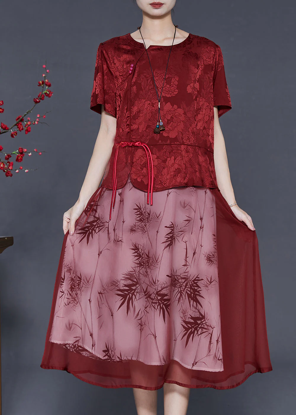 Vintage Red Tasseled Patchwork Jacquard Silk Dress Summer - Image 3