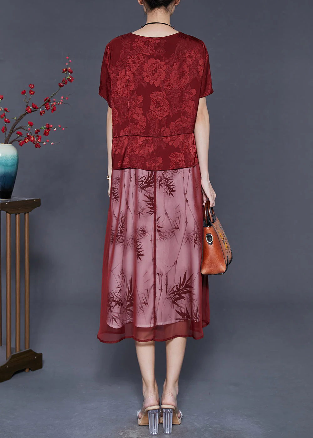 Vintage Red Tasseled Patchwork Jacquard Silk Dress Summer - Image 4