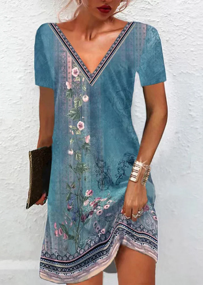 Vintage Red V Neck Embroideried Mid Dress Summer - Image 2
