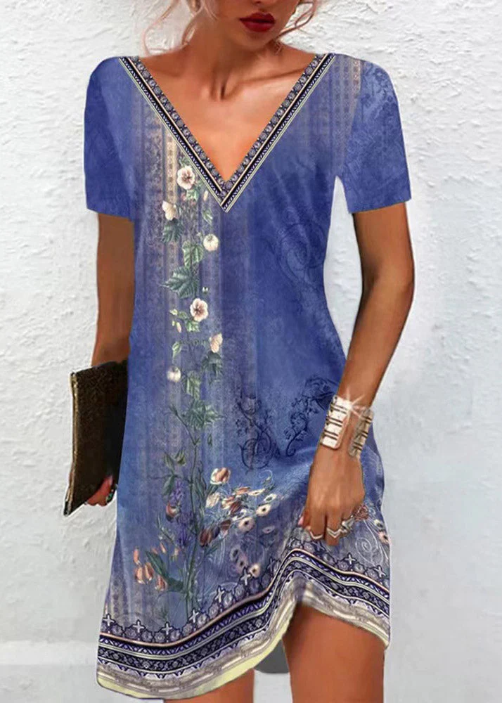 Vintage Red V Neck Embroideried Mid Dress Summer - Image 3