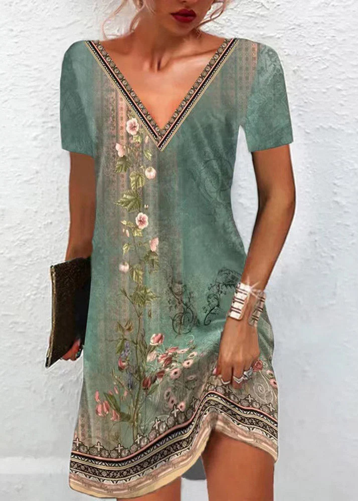 Vintage Red V Neck Embroideried Mid Dress Summer - Image 4