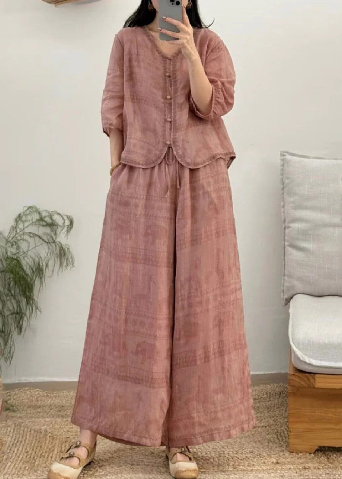 Vintage Red V Neck Patchwork Linen Shirt And Wide Leg Pants Two Pieces Set Summer - Image 3